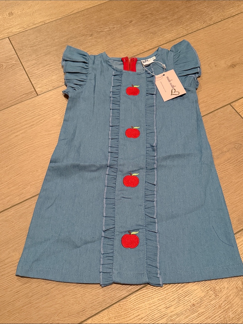 Blue Apple Appliqué Ruffle Sleeve Kids Dress